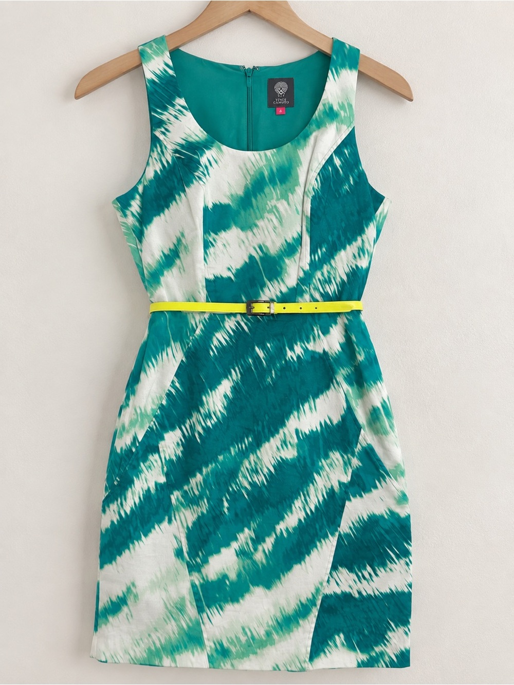 Vince Camuto Teal, Aqua & White Printed Sleeveless Sheath with Yellow Belt